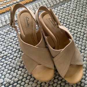 Cute suede cork wedge sandals. Clarks collection,  ultimate comfort foot bed.